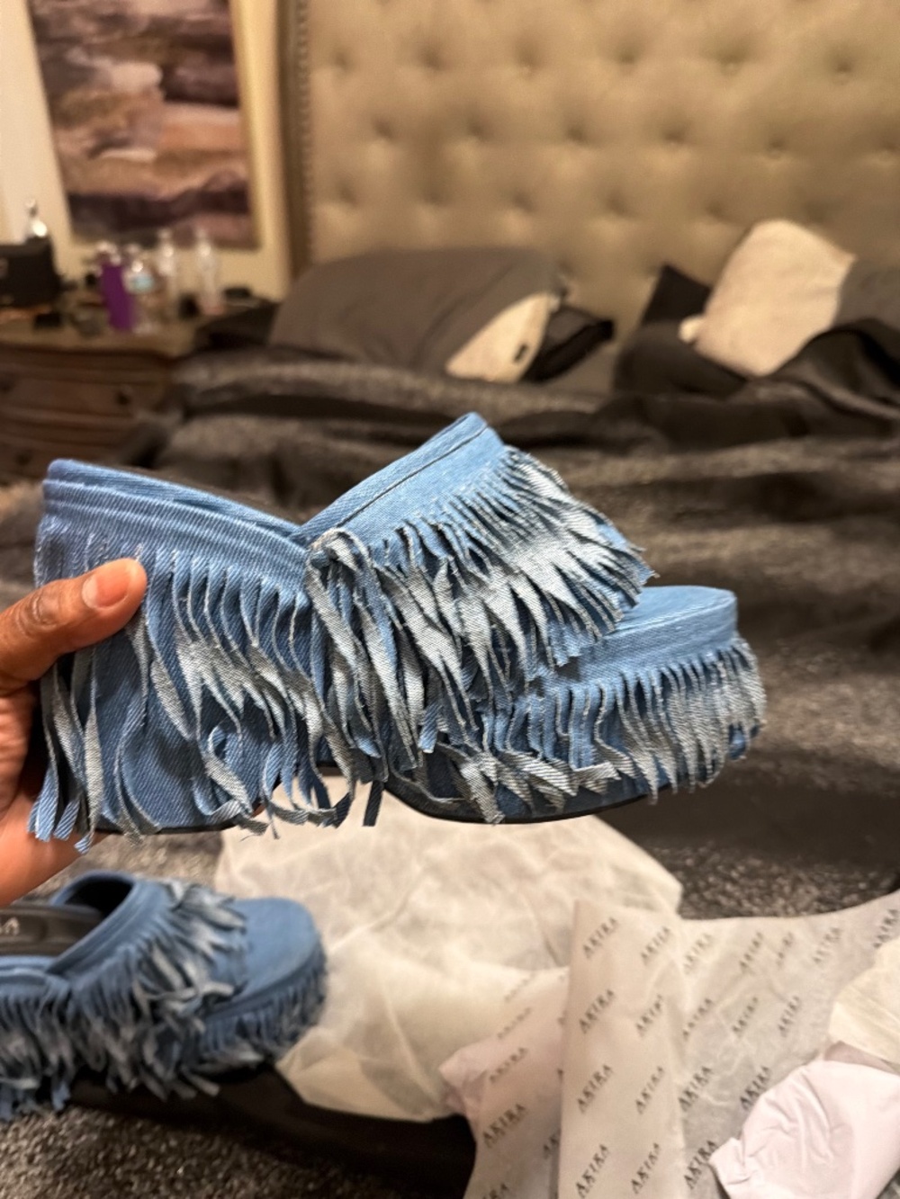 AKIRA AKIRA GOLD RAMESHA DENIM FRINGE PLATFORM SANDAL Size 1010